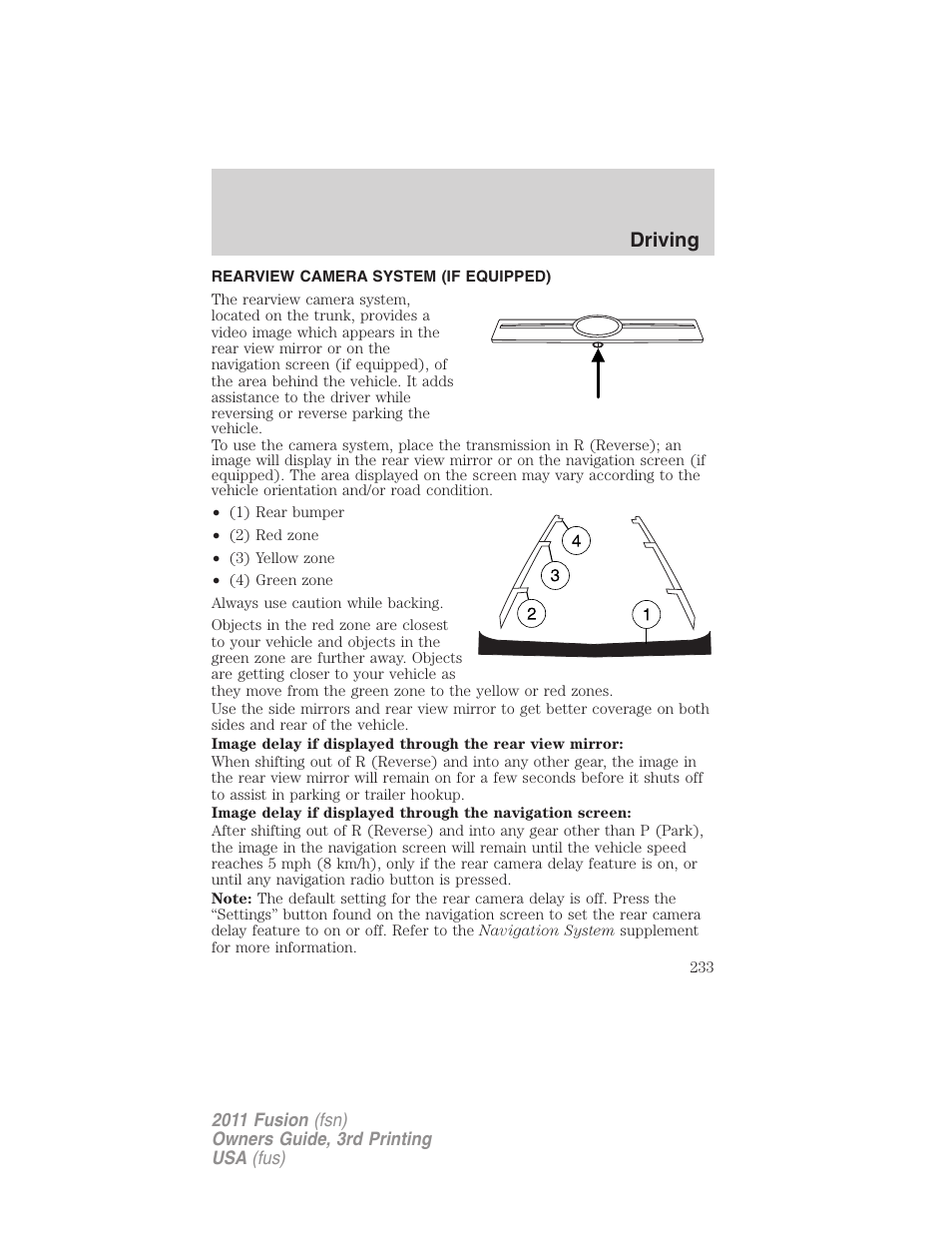 Rearview camera system (if equipped), Rear-view camera system, Driving | FORD 2011 Fusion v.3 User Manual | Page 233 / 374