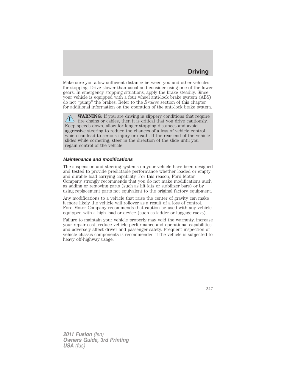 Maintenance and modifications, Driving | FORD 2011 Fusion v.3 User Manual | Page 247 / 374