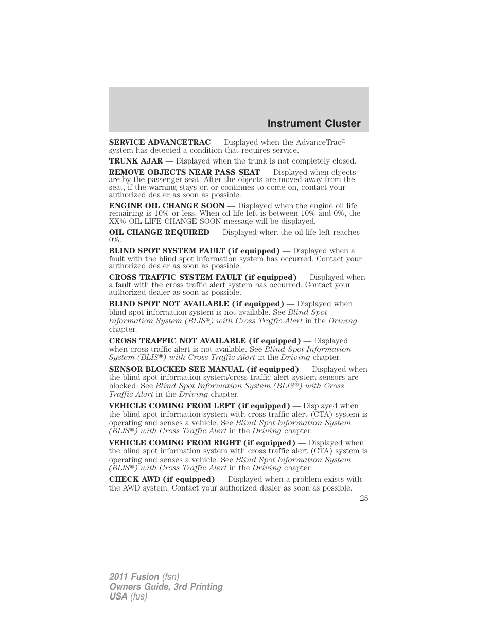 Instrument cluster | FORD 2011 Fusion v.3 User Manual | Page 25 / 374