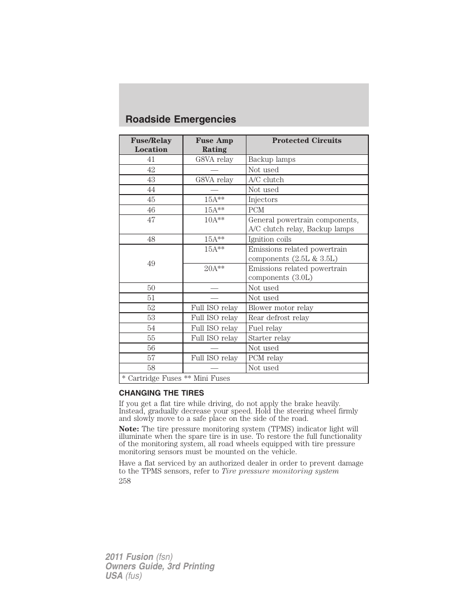 Changing the tires, Changing tires, Roadside emergencies | FORD 2011 Fusion v.3 User Manual | Page 258 / 374