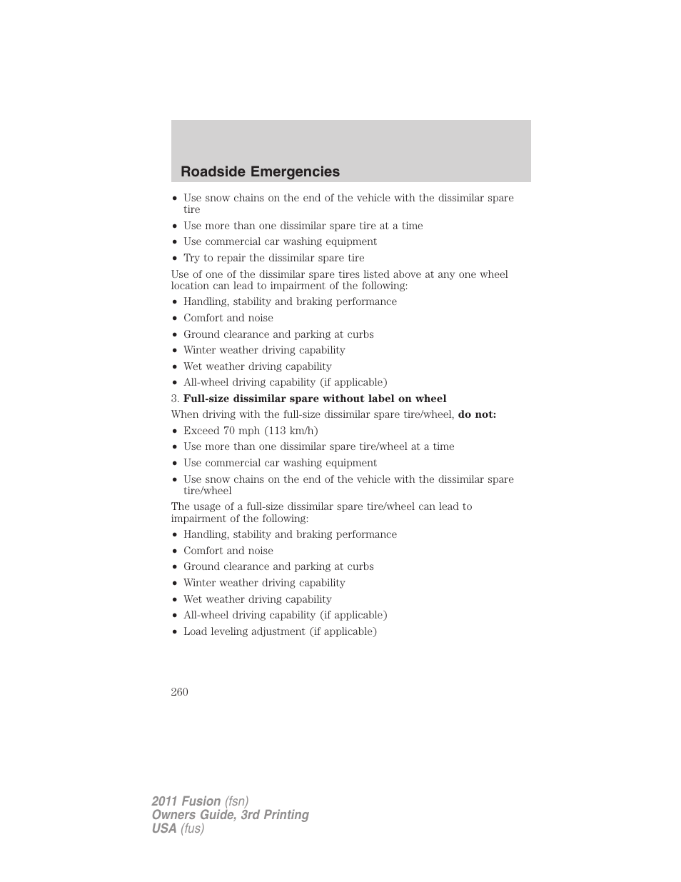 Roadside emergencies | FORD 2011 Fusion v.3 User Manual | Page 260 / 374