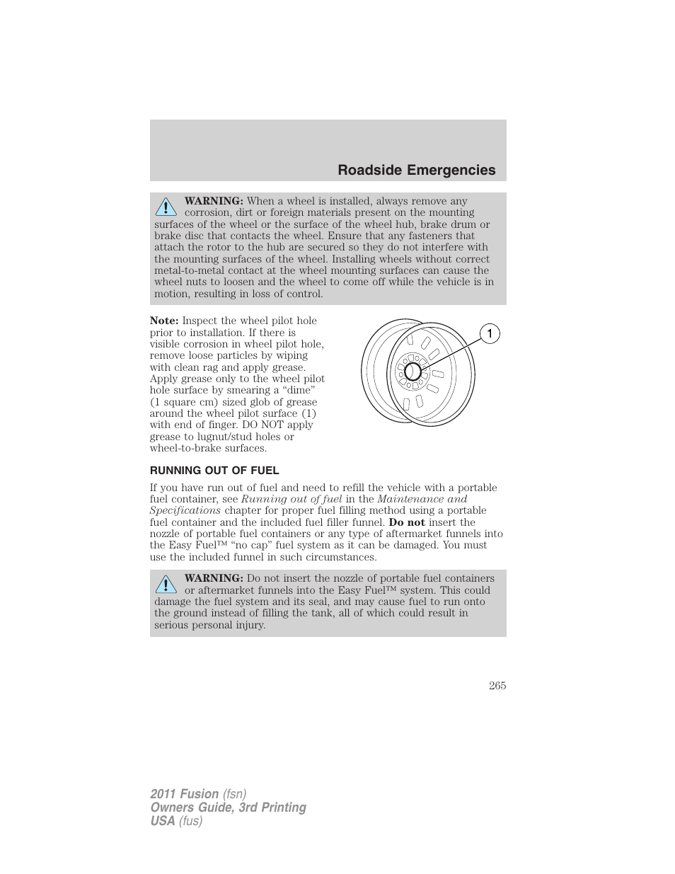 Running out of fuel, Roadside emergencies | FORD 2011 Fusion v.3 User Manual | Page 265 / 374