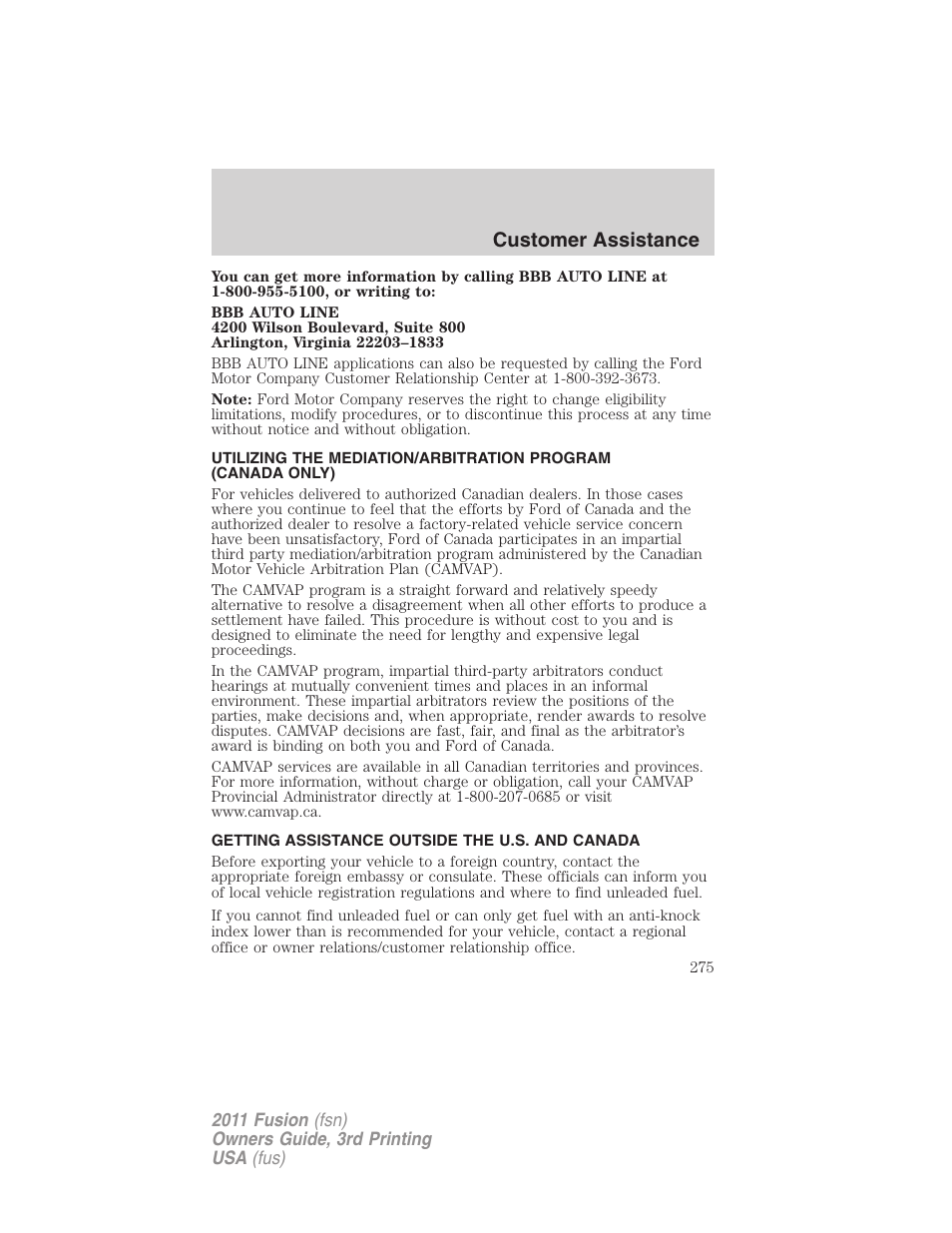 Getting assistance outside the u.s. and canada, Customer assistance | FORD 2011 Fusion v.3 User Manual | Page 275 / 374