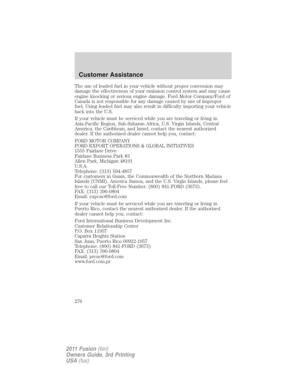Customer assistance | FORD 2011 Fusion v.3 User Manual | Page 276 / 374