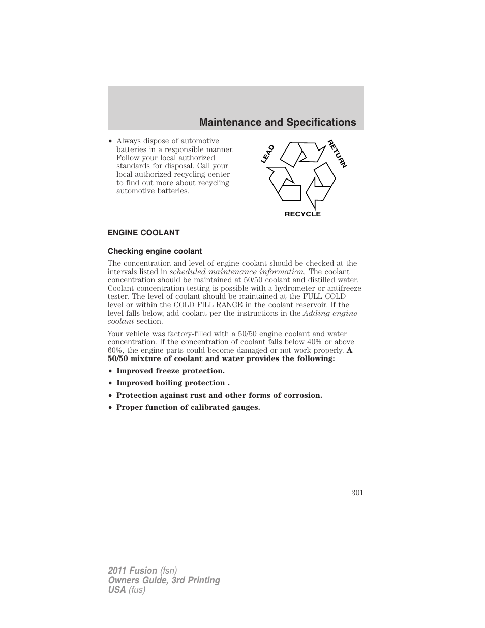 Engine coolant, Checking engine coolant, Maintenance and specifications | FORD 2011 Fusion v.3 User Manual | Page 301 / 374