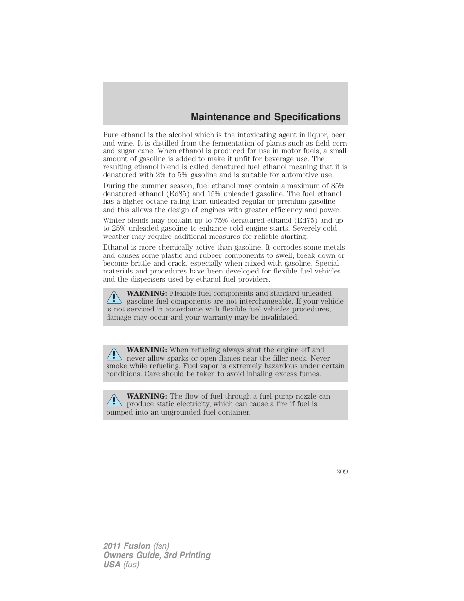 Maintenance and specifications | FORD 2011 Fusion v.3 User Manual | Page 309 / 374