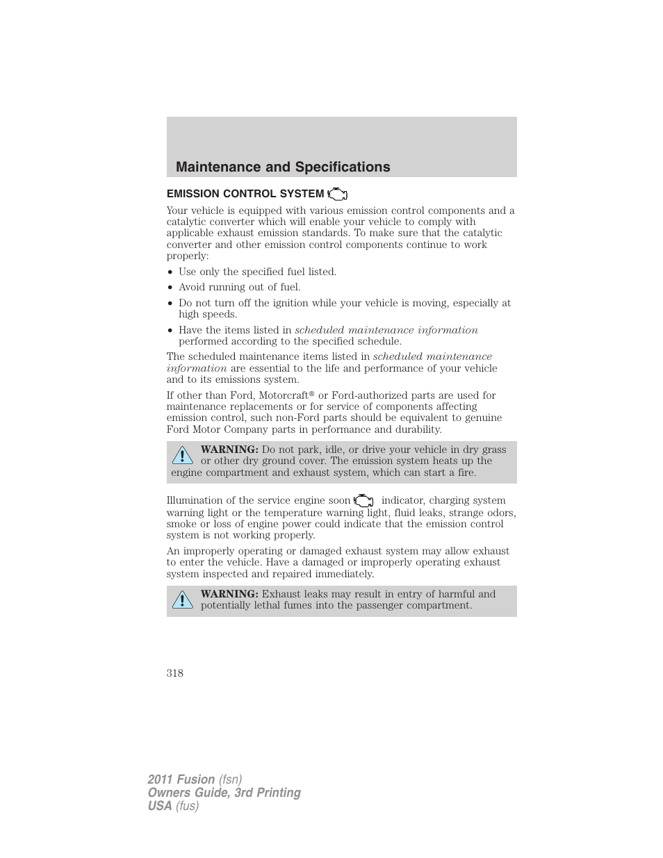 Emission control system, Maintenance and specifications | FORD 2011 Fusion v.3 User Manual | Page 318 / 374