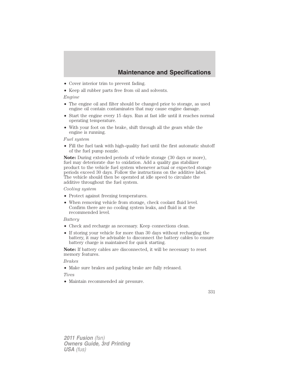 Maintenance and specifications | FORD 2011 Fusion v.3 User Manual | Page 331 / 374