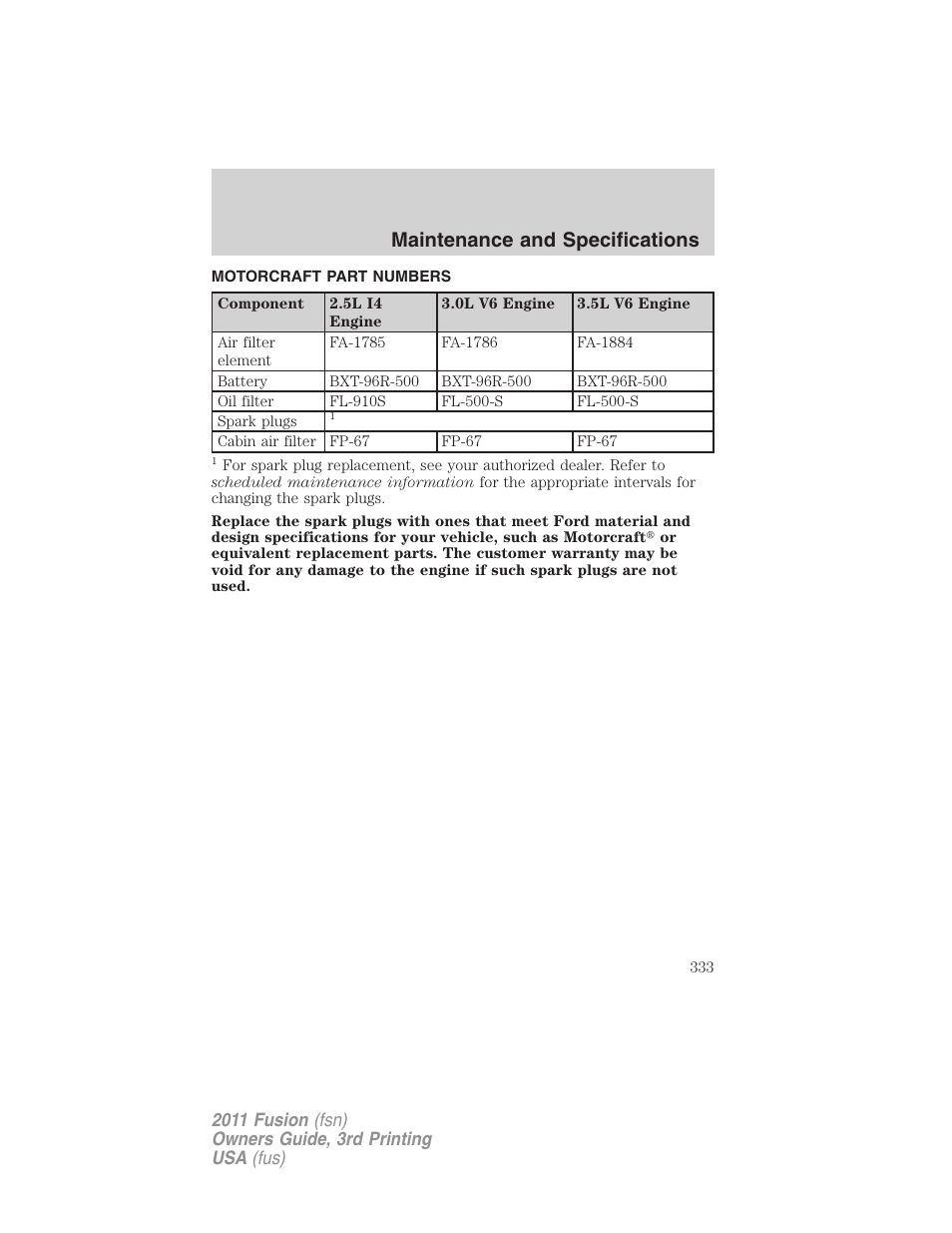 Motorcraft part numbers, Part numbers, Maintenance and specifications | FORD 2011 Fusion v.3 User Manual | Page 333 / 374