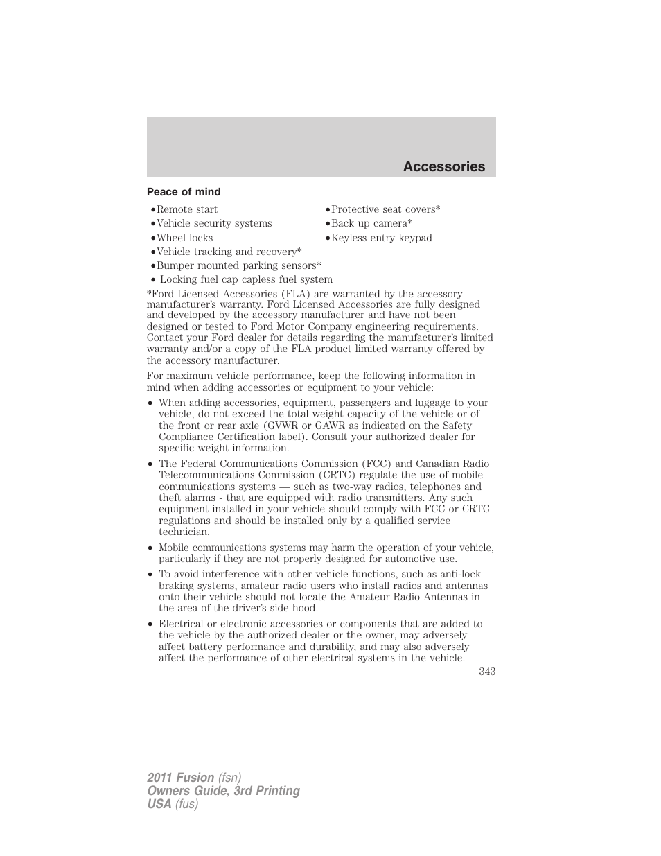 Peace of mind, Accessories | FORD 2011 Fusion v.3 User Manual | Page 343 / 374