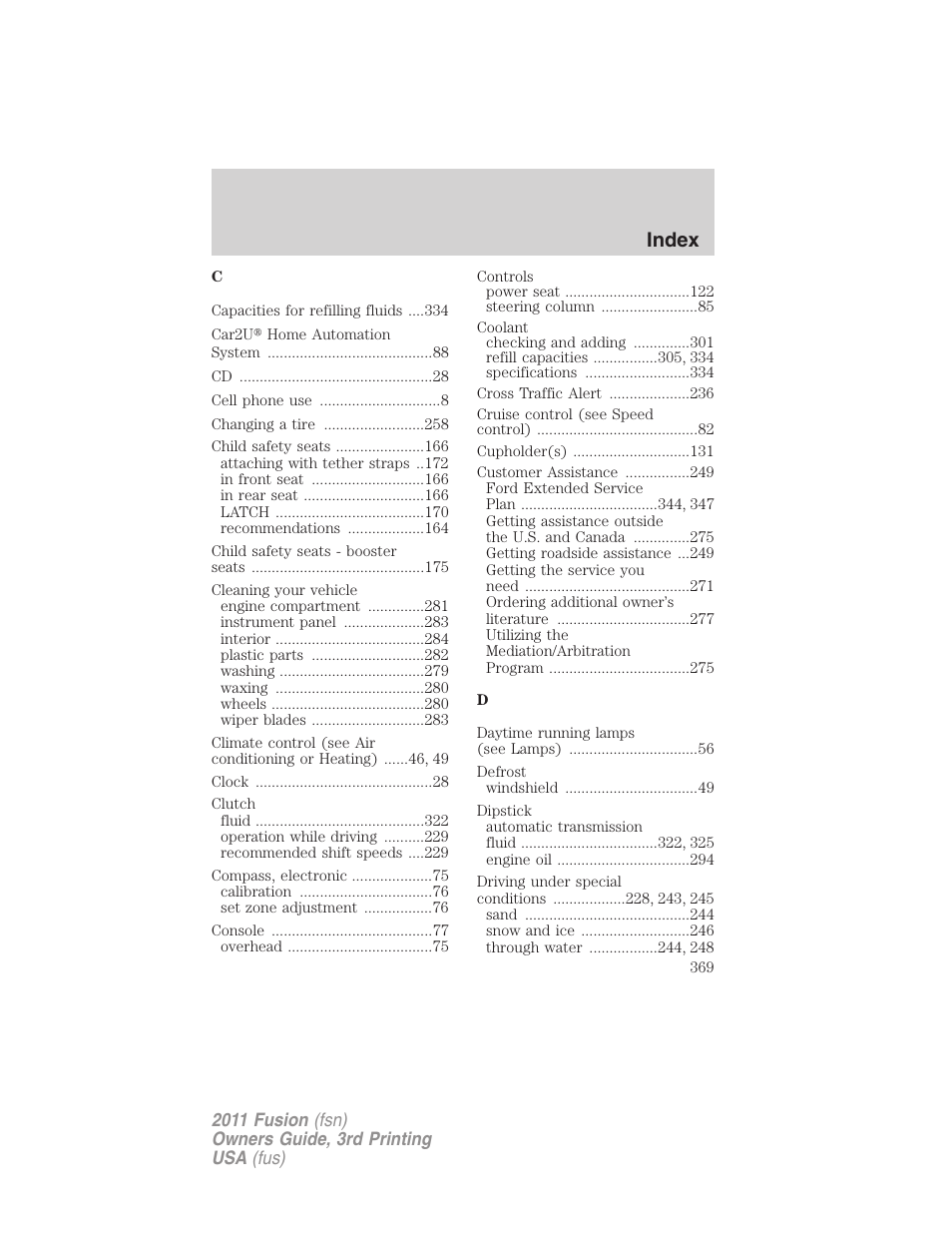 Index | FORD 2011 Fusion v.3 User Manual | Page 369 / 374