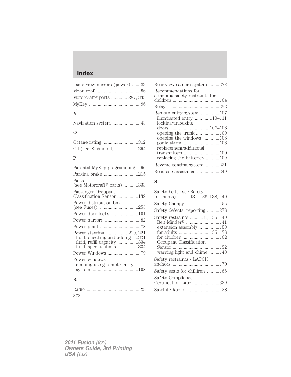 Index | FORD 2011 Fusion v.3 User Manual | Page 372 / 374