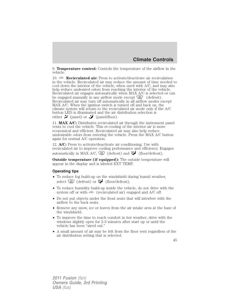 Operating tips, Climate controls | FORD 2011 Fusion v.3 User Manual | Page 45 / 374