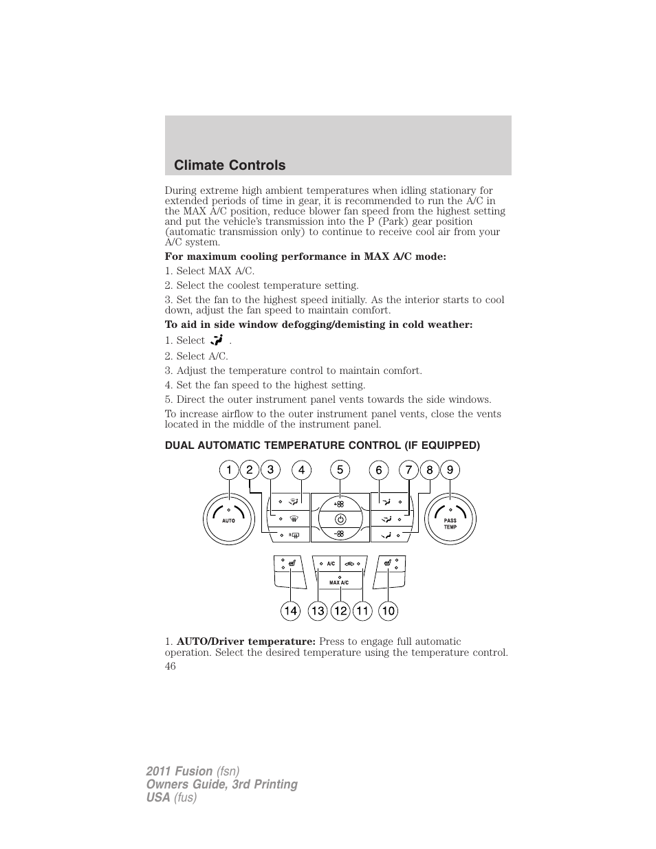 Dual automatic temperature control (if equipped), Dual automatic temperature control, Climate controls | FORD 2011 Fusion v.3 User Manual | Page 46 / 374