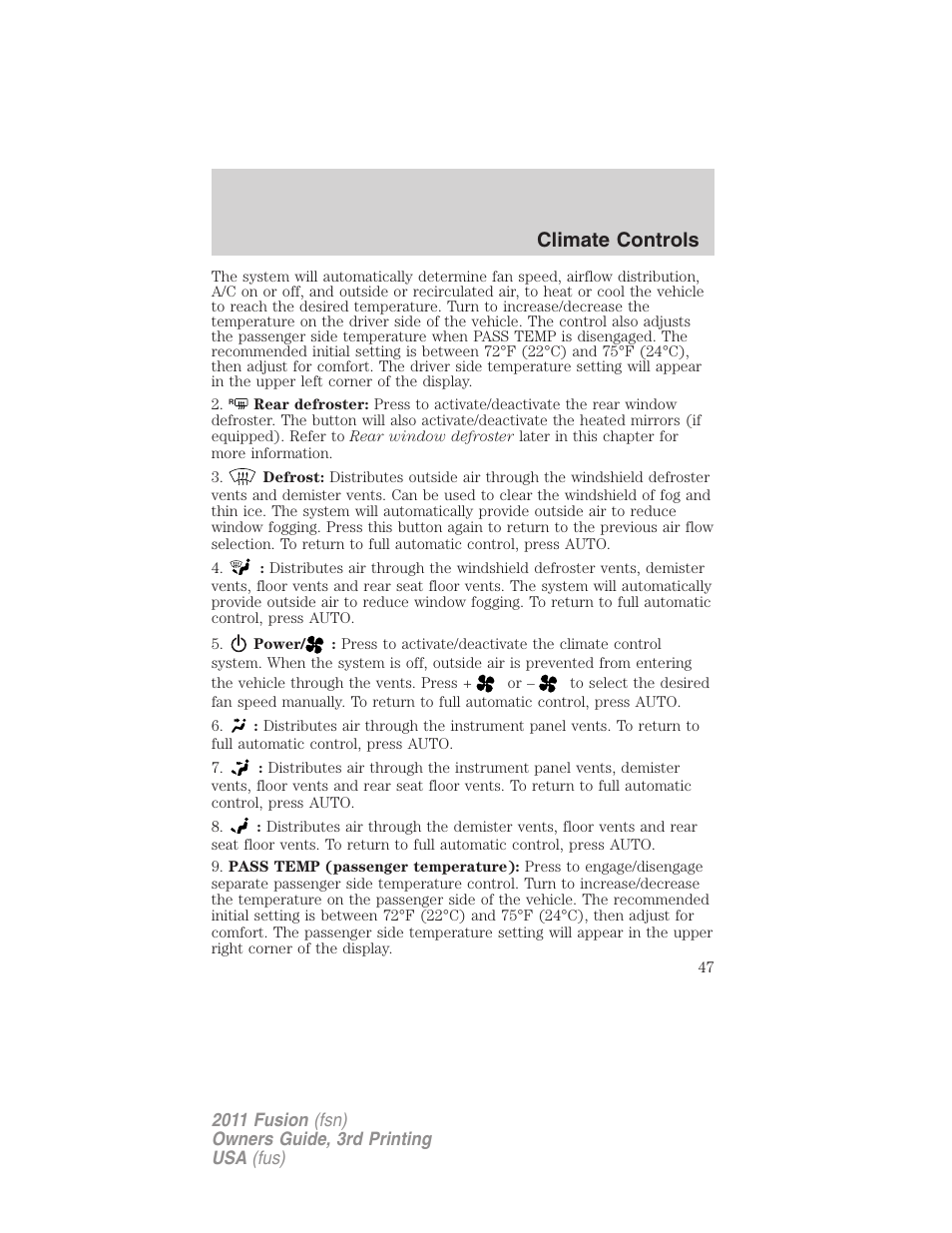 Climate controls | FORD 2011 Fusion v.3 User Manual | Page 47 / 374