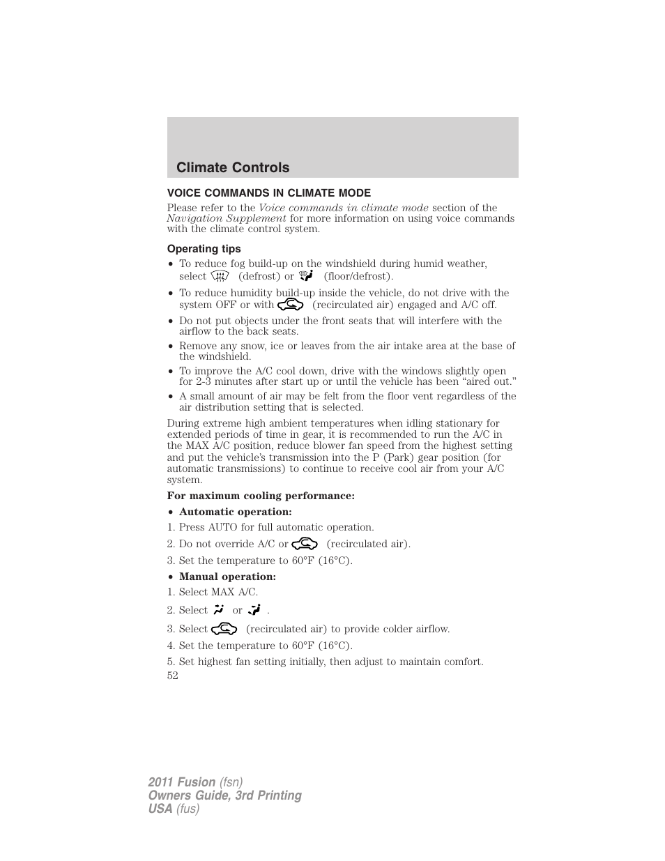 Voice commands in climate mode, Operating tips, Climate controls | FORD 2011 Fusion v.3 User Manual | Page 52 / 374