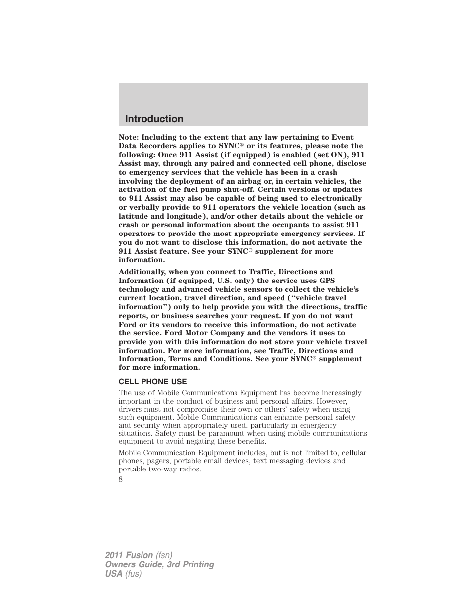Cell phone use, Introduction | FORD 2011 Fusion v.3 User Manual | Page 8 / 374