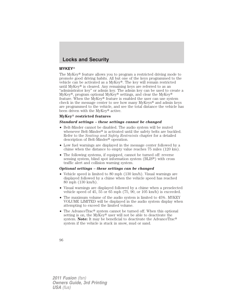 Mykey, Locks and security | FORD 2011 Fusion v.3 User Manual | Page 96 / 374