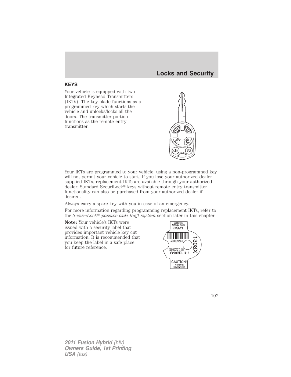 Locks and security, Keys | FORD 2011 Fusion Hybrid v.1 User Manual | Page 107 / 345