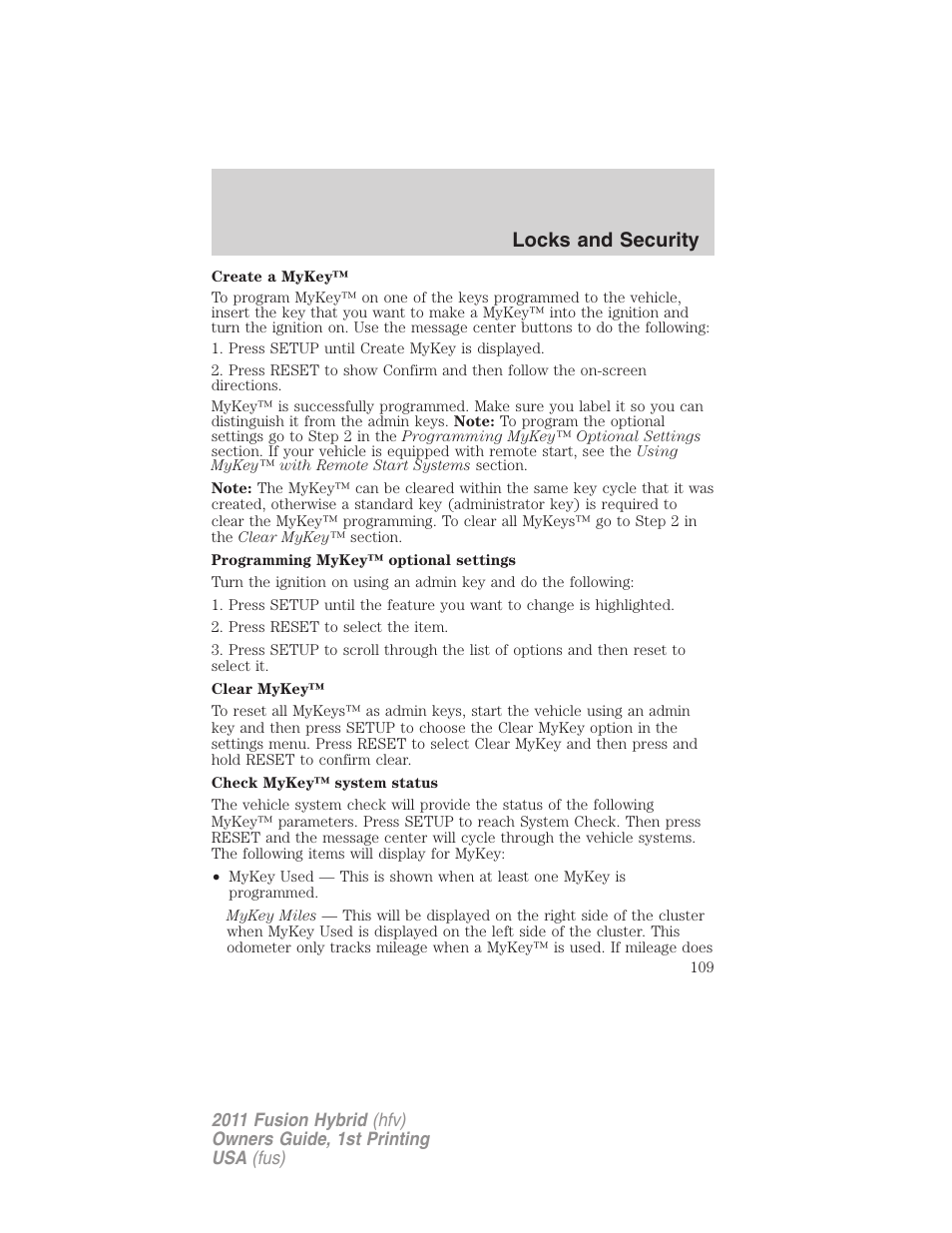 Locks and security | FORD 2011 Fusion Hybrid v.1 User Manual | Page 109 / 345