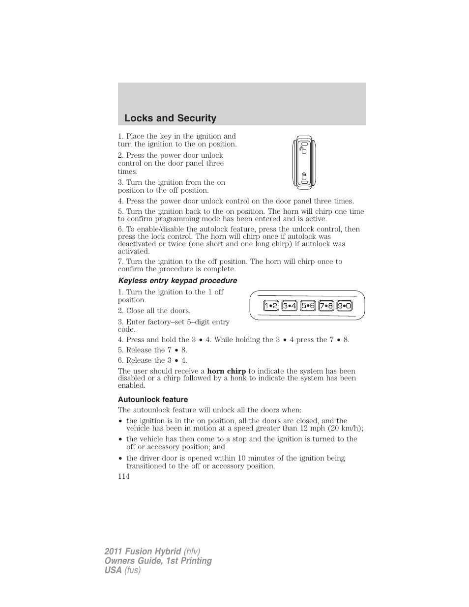 Keyless entry keypad procedure, Autounlock feature, Locks and security | FORD 2011 Fusion Hybrid v.1 User Manual | Page 114 / 345