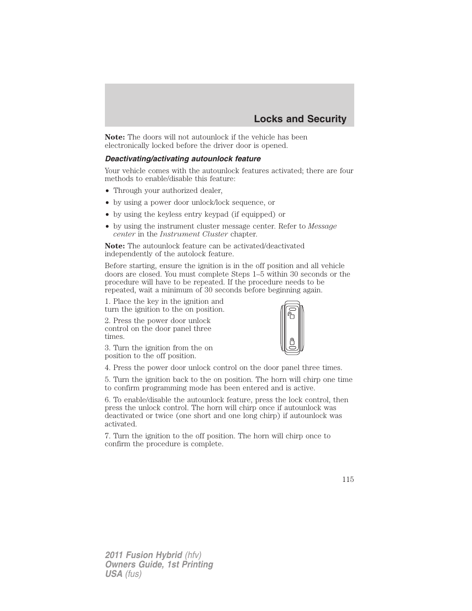 Deactivating/activating autounlock feature, Locks and security | FORD 2011 Fusion Hybrid v.1 User Manual | Page 115 / 345