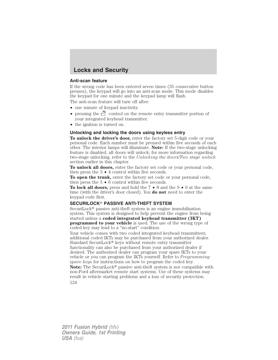 Anti-scan feature, Securilock passive anti-theft system, Anti-theft system | Locks and security | FORD 2011 Fusion Hybrid v.1 User Manual | Page 124 / 345