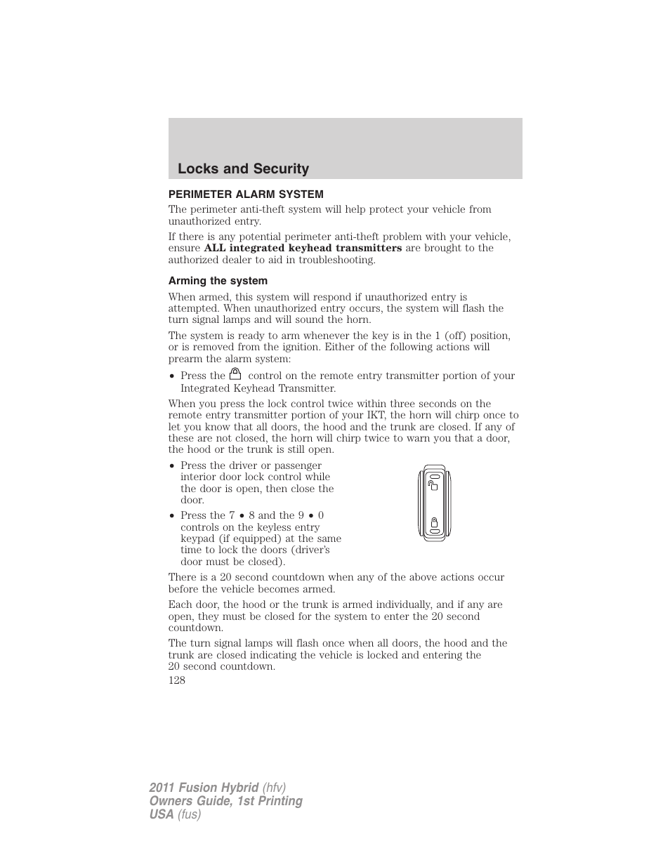 Perimeter alarm system, Arming the system, Locks and security | FORD 2011 Fusion Hybrid v.1 User Manual | Page 128 / 345