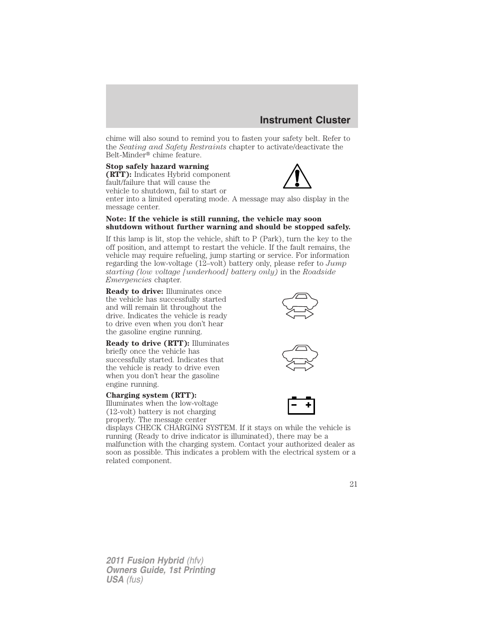 Instrument cluster | FORD 2011 Fusion Hybrid v.1 User Manual | Page 21 / 345