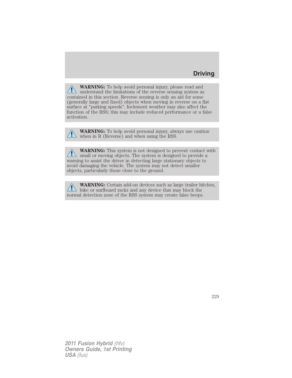 Driving | FORD 2011 Fusion Hybrid v.1 User Manual | Page 229 / 345