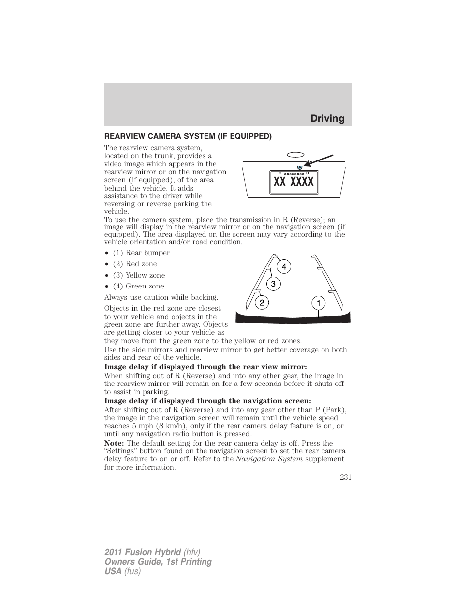 Rearview camera system (if equipped), Rear-view camera system, Driving | FORD 2011 Fusion Hybrid v.1 User Manual | Page 231 / 345