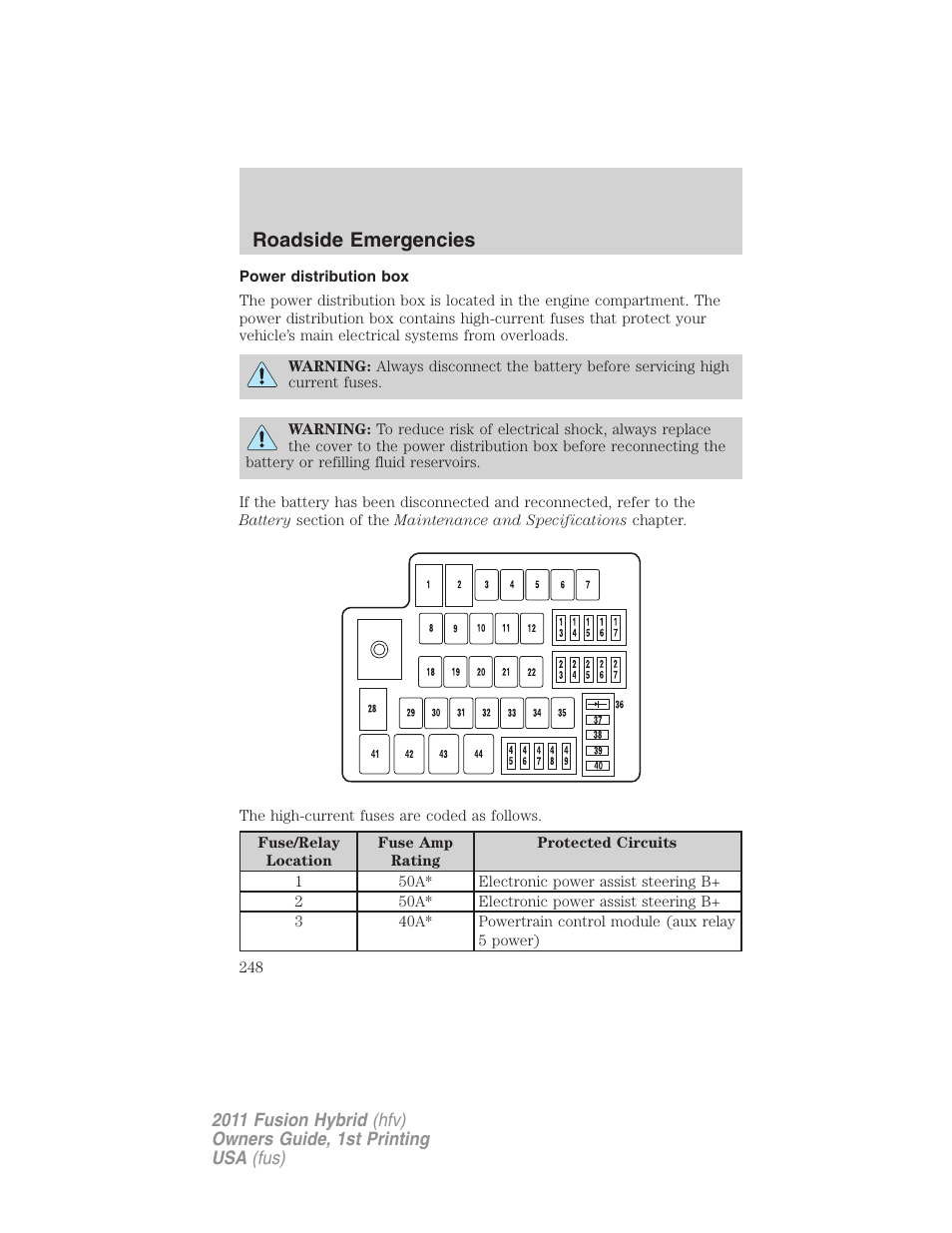 Power distribution box, Roadside emergencies | FORD 2011 Fusion Hybrid v.1 User Manual | Page 248 / 345