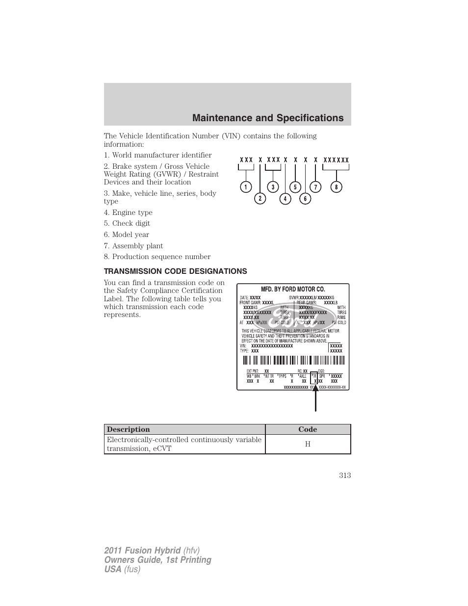 Transmission code designations, Maintenance and specifications | FORD 2011 Fusion Hybrid v.1 User Manual | Page 313 / 345