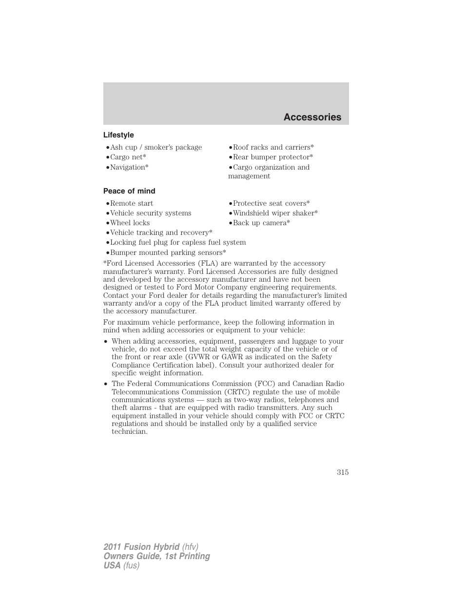 Lifestyle, Peace of mind, Accessories | FORD 2011 Fusion Hybrid v.1 User Manual | Page 315 / 345