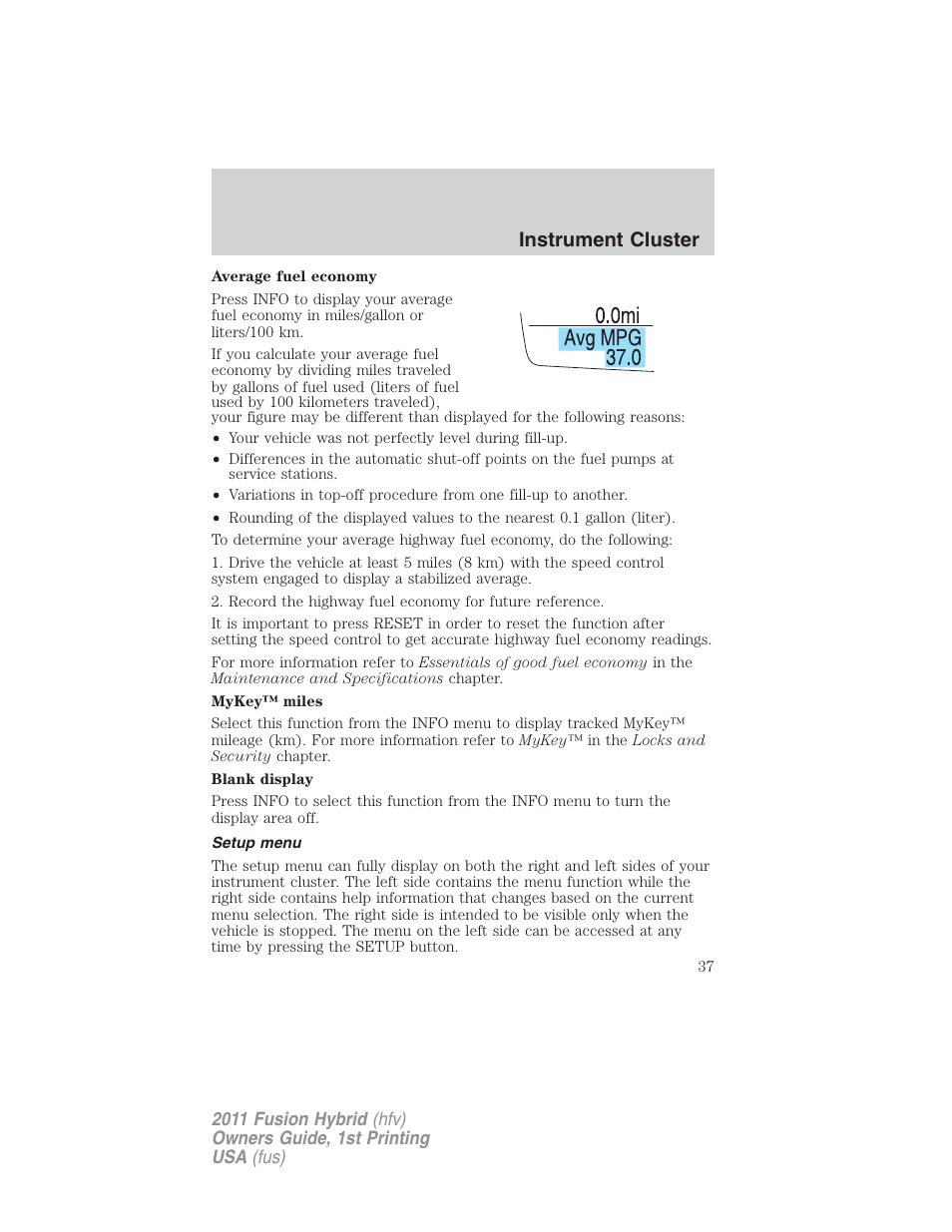 Setup menu, Instrument cluster | FORD 2011 Fusion Hybrid v.1 User Manual | Page 37 / 345