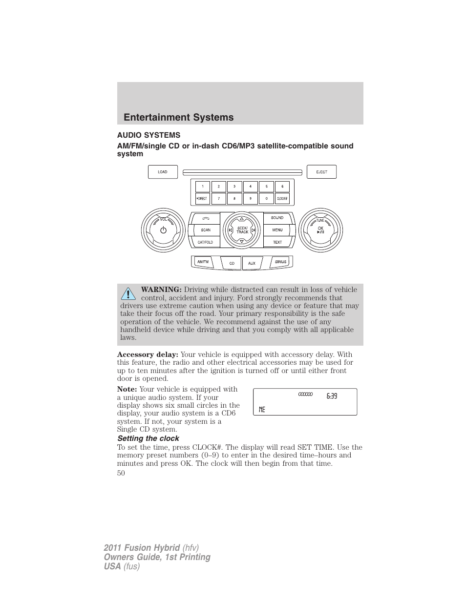 Entertainment systems, Audio systems, Setting the clock | Am/fm stereo with cd/mp3 | FORD 2011 Fusion Hybrid v.1 User Manual | Page 50 / 345