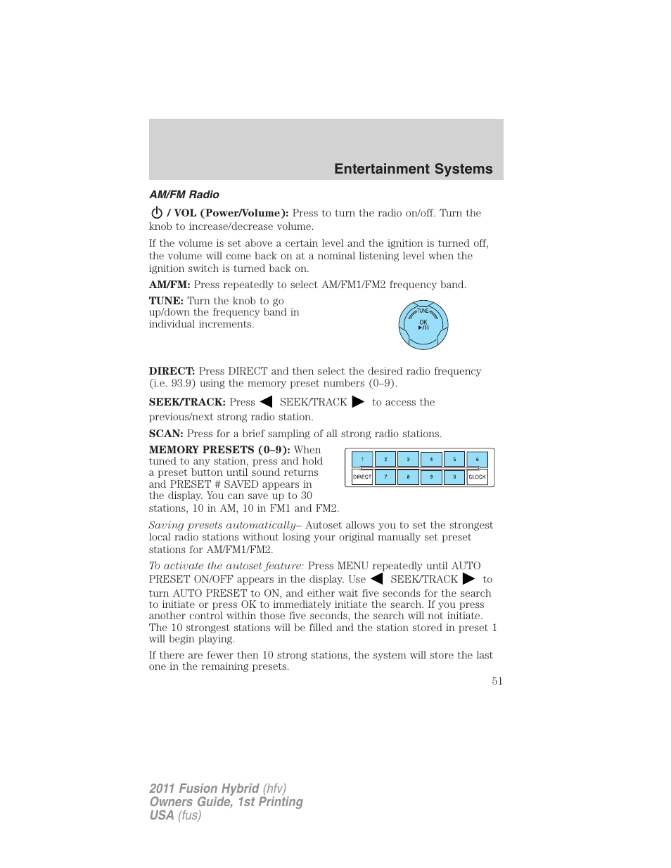 Am/fm radio, Entertainment systems | FORD 2011 Fusion Hybrid v.1 User Manual | Page 51 / 345