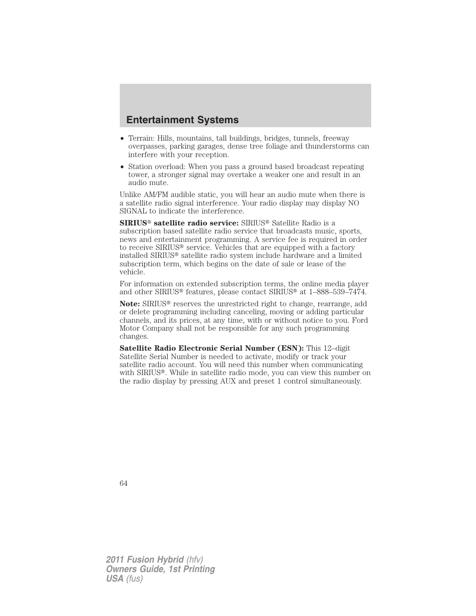 Entertainment systems | FORD 2011 Fusion Hybrid v.1 User Manual | Page 64 / 345