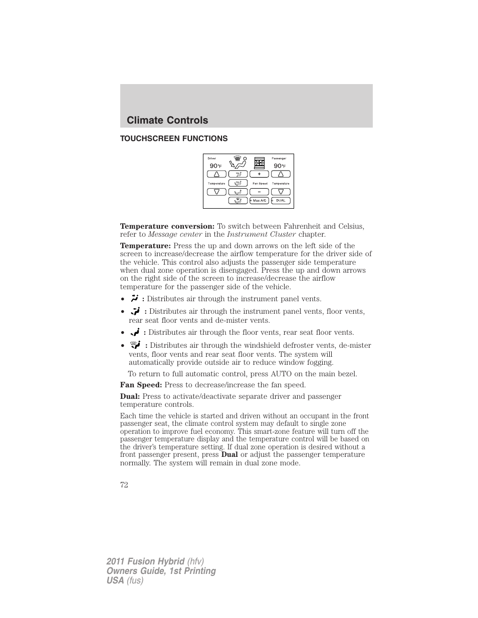 Touchscreen functions, Climate controls | FORD 2011 Fusion Hybrid v.1 User Manual | Page 72 / 345