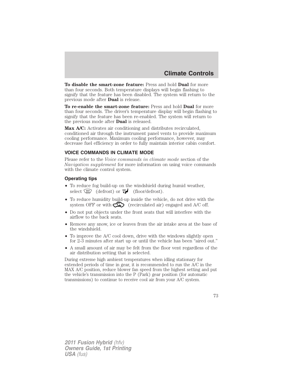 Voice commands in climate mode, Operating tips, Climate controls | FORD 2011 Fusion Hybrid v.1 User Manual | Page 73 / 345