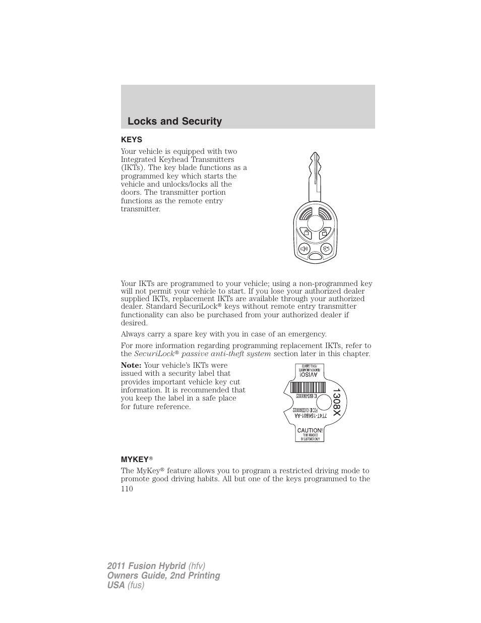 Locks and security, Keys, Mykey | FORD 2011 Fusion Hybrid v.2 User Manual | Page 110 / 345