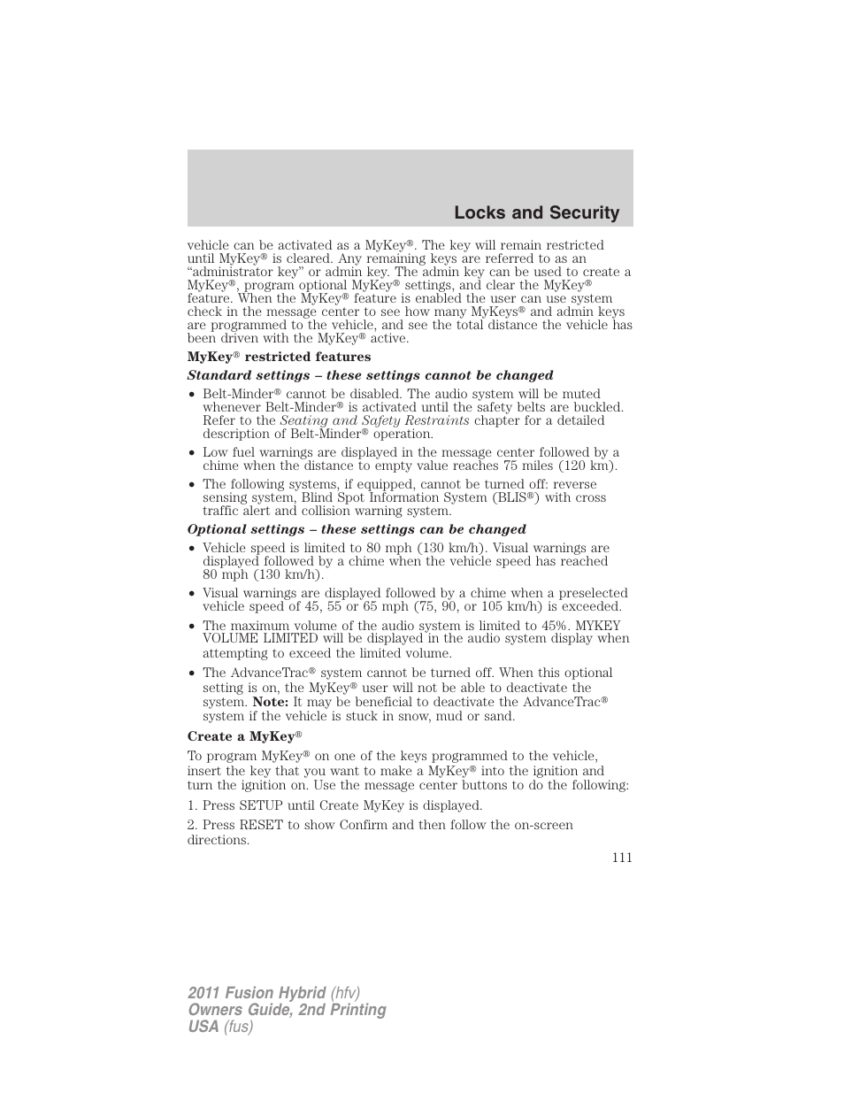 Locks and security | FORD 2011 Fusion Hybrid v.2 User Manual | Page 111 / 345