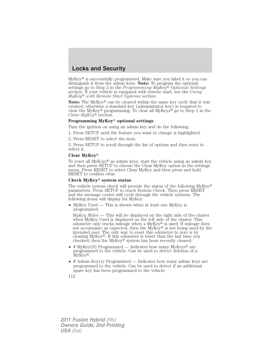 Locks and security | FORD 2011 Fusion Hybrid v.2 User Manual | Page 112 / 345