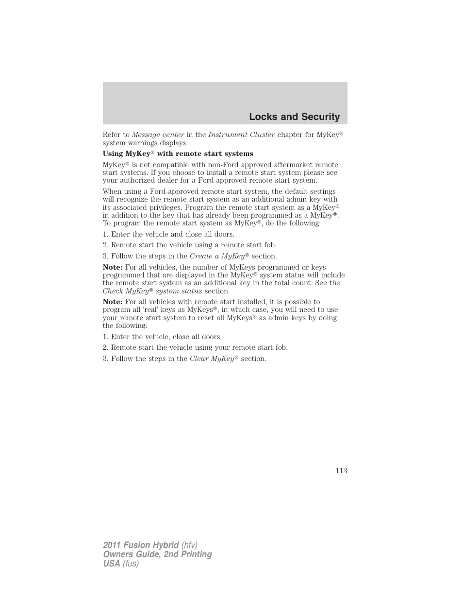 Locks and security | FORD 2011 Fusion Hybrid v.2 User Manual | Page 113 / 345