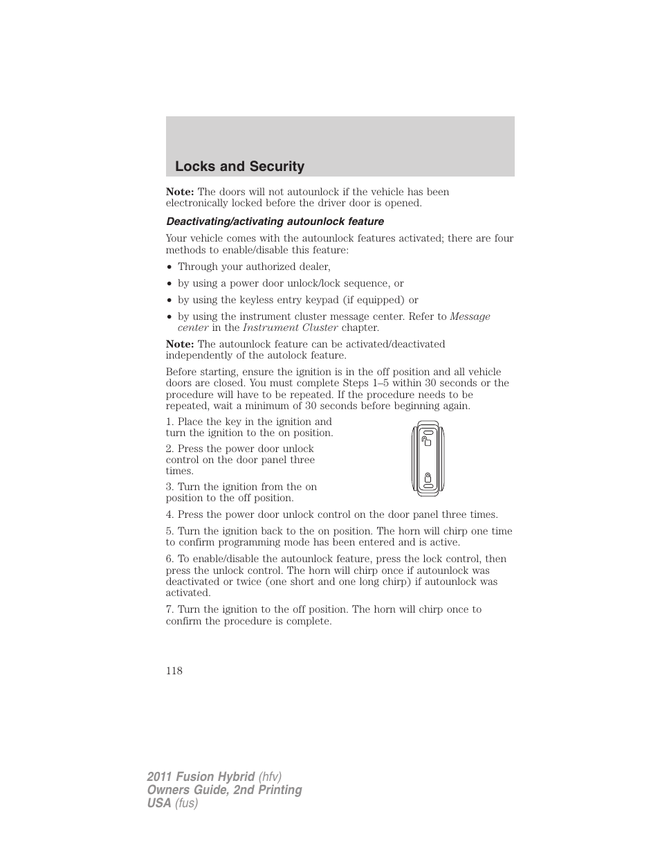 Deactivating/activating autounlock feature, Locks and security | FORD 2011 Fusion Hybrid v.2 User Manual | Page 118 / 345