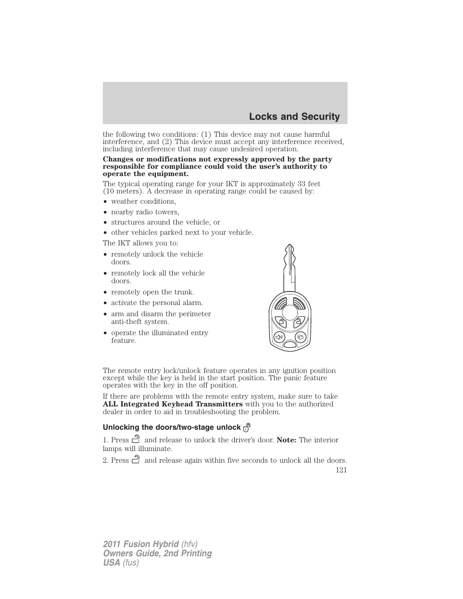 Unlocking the doors/two-stage unlock, Locks and security | FORD 2011 Fusion Hybrid v.2 User Manual | Page 121 / 345