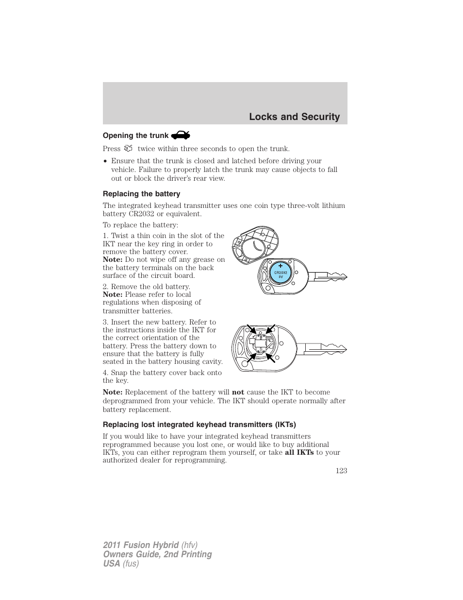 Opening the trunk, Replacing the battery, Locks and security | FORD 2011 Fusion Hybrid v.2 User Manual | Page 123 / 345