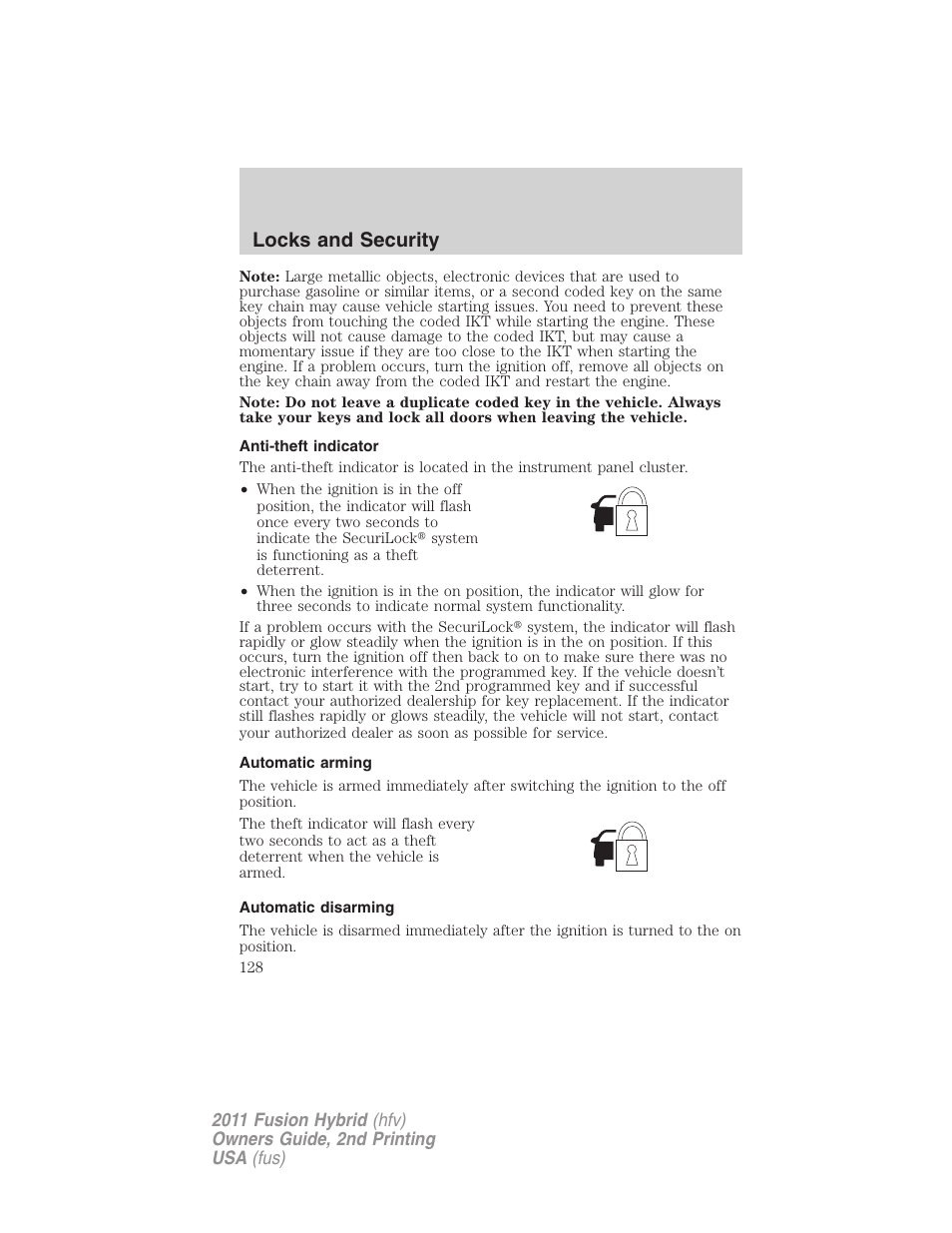 Anti-theft indicator, Automatic arming, Automatic disarming | Locks and security | FORD 2011 Fusion Hybrid v.2 User Manual | Page 128 / 345