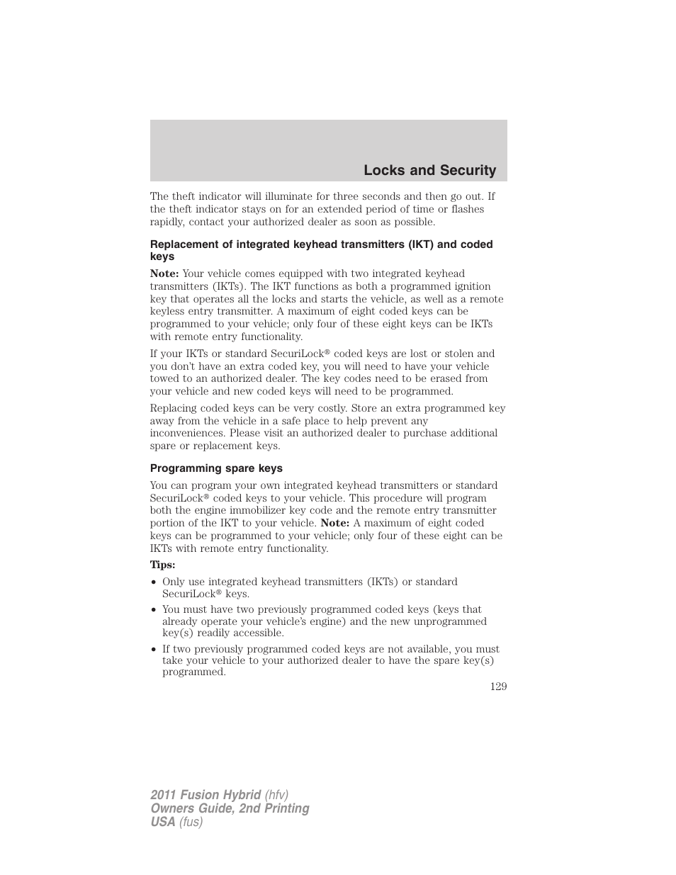 Programming spare keys, Locks and security | FORD 2011 Fusion Hybrid v.2 User Manual | Page 129 / 345