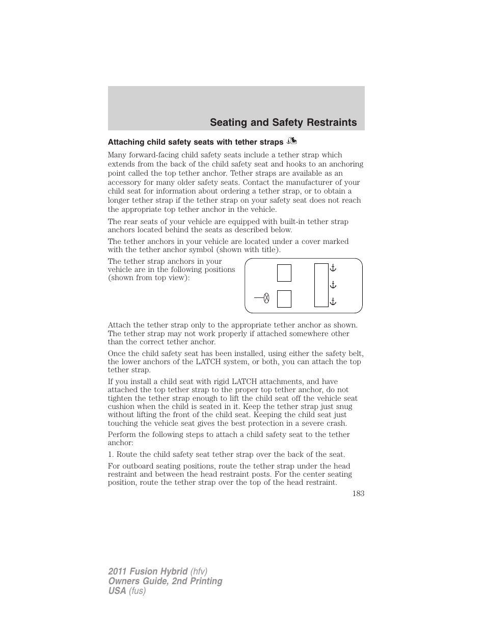 Attaching child safety seats with tether straps, Seating and safety restraints | FORD 2011 Fusion Hybrid v.2 User Manual | Page 183 / 345